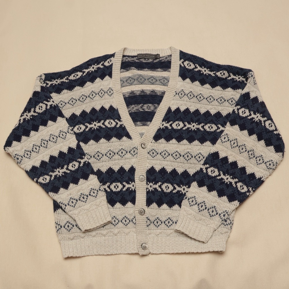 David Taylor Large 100% Acrylic Navy Cream Geometric Knit Cardigan